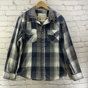 Ditch Plains Western Shirt Mens Sz L Blue White Snaps Long Sleeves